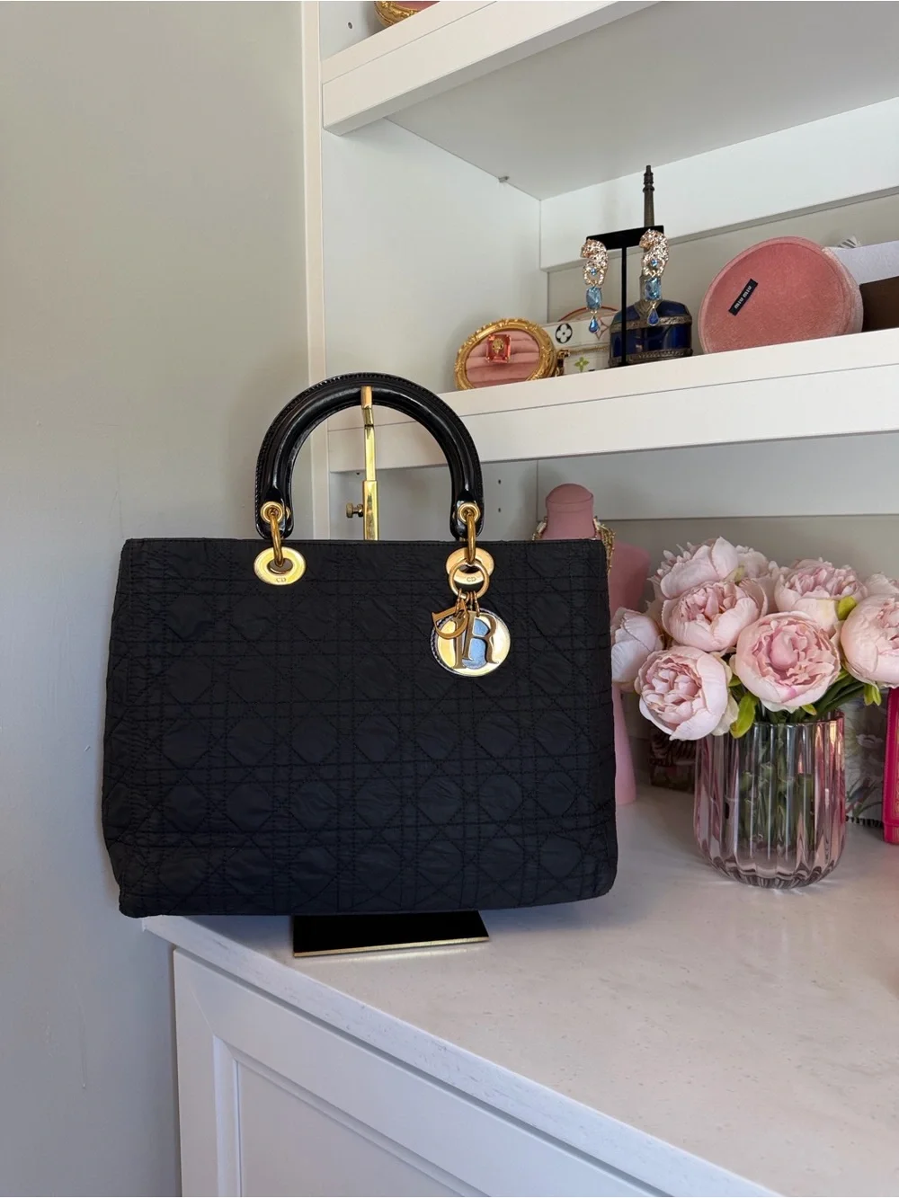 Dior Black Quilted Lady Dior Cannage Satchel Tote Bag gold Dior charm